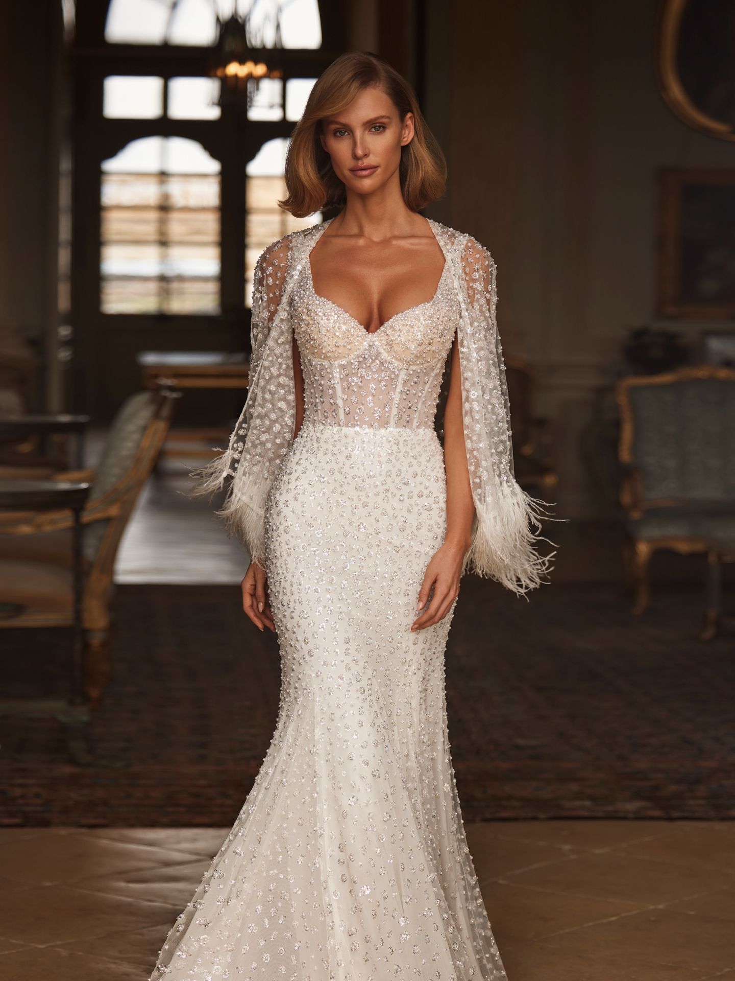 long sleeve white lace wedding dress White Mermaid Boho Long Lace Wedding Dress with Sleeves, Diamond White / 4 main image 1