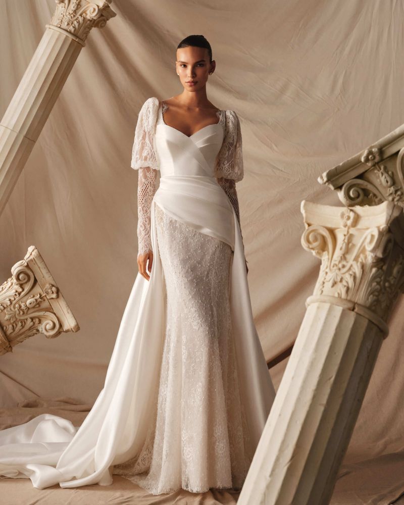 plus size wedding dresses with long lace sleeves Plus Size Long Sleeves Bodycon V-Neck Lace Top Wedding Dress with Chiffon