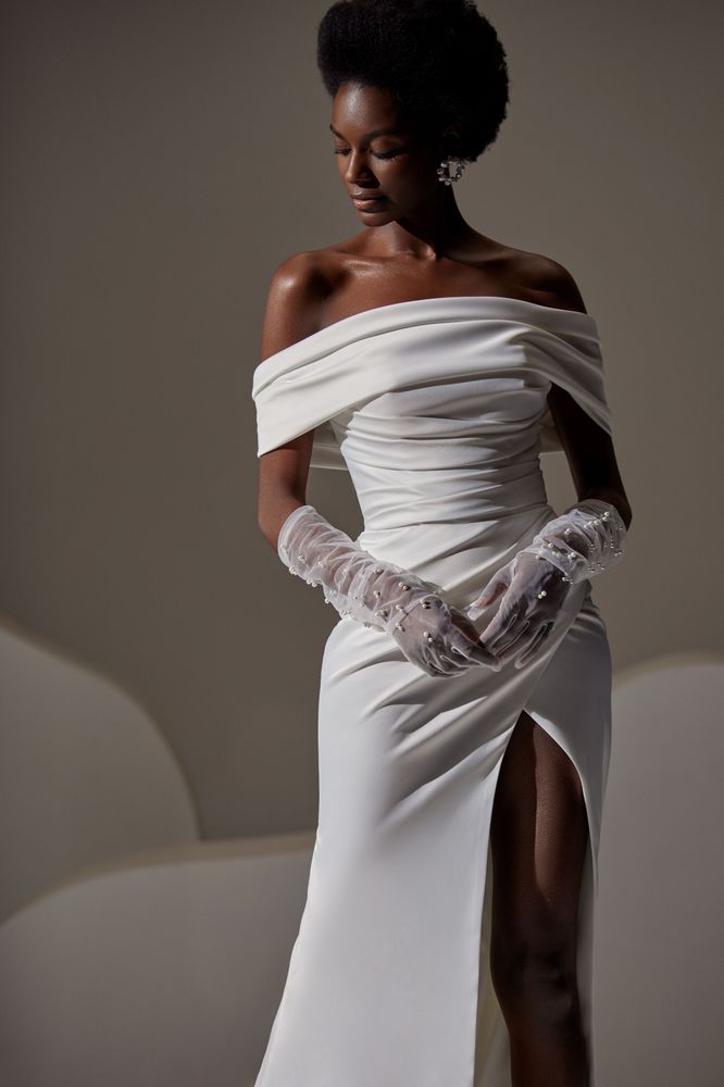 off the shoulder wedding dress with gloves Off-shoulder Satin Wedding Dress With Gloves