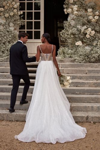 dove satin wedding dress Clean Dove Satin Ballgown with Sheer Back